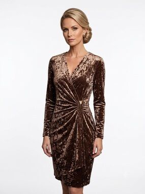 Calvin Klein Crushed Velvet Faux Wrap Dress Size 6 Brown Long Sleeve Midi